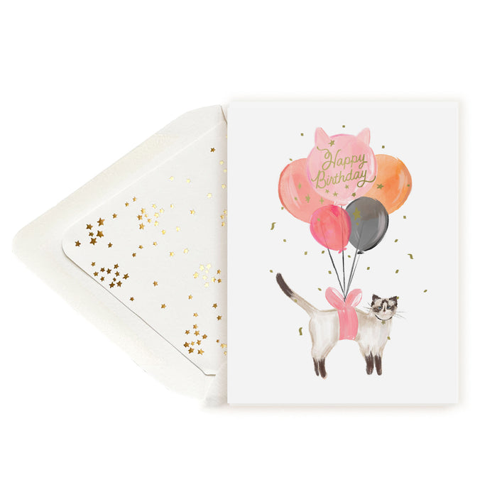 Happy Birthday Balloon Cat with Gold Confetti Greeting Card