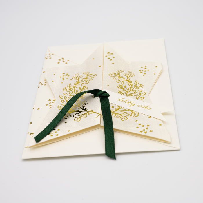 'Holiday Wishes' Gold Foil Star Card w/ Emerald Silk Ribbon 