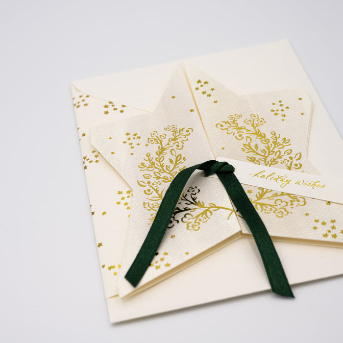 'Holiday Wishes' Gold Foil Star Card w/ Emerald Silk Ribbon 