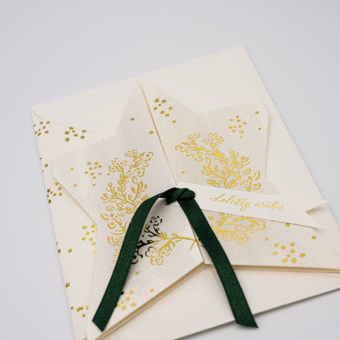 'Holiday Wishes' Gold Foil Star Card w/ Emerald Silk Ribbon 