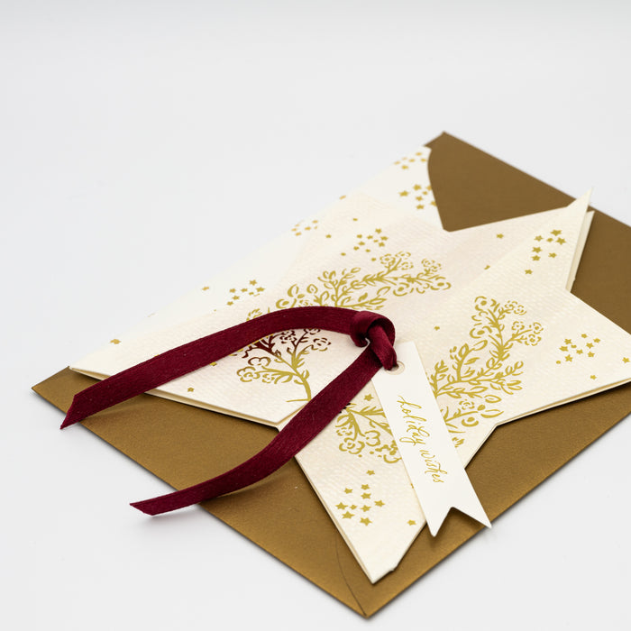 'Holiday Wishes' Gold Foil Star Card w/ Ruby Silk Ribbon 