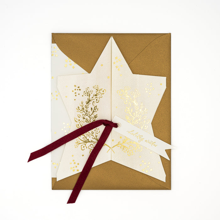 'Holiday Wishes' Gold Foil Star Card w/ Ruby Silk Ribbon 