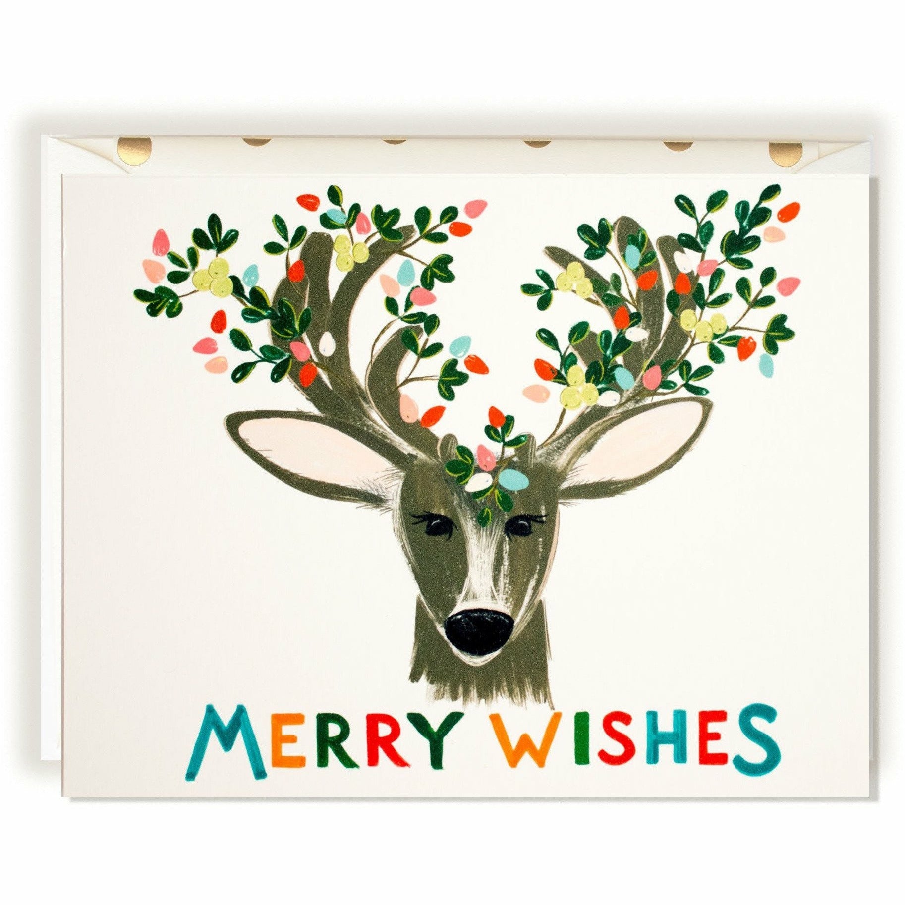 Colorful and Festive Holiday Season "Merry Wishes" Card with Deer - The First Snow