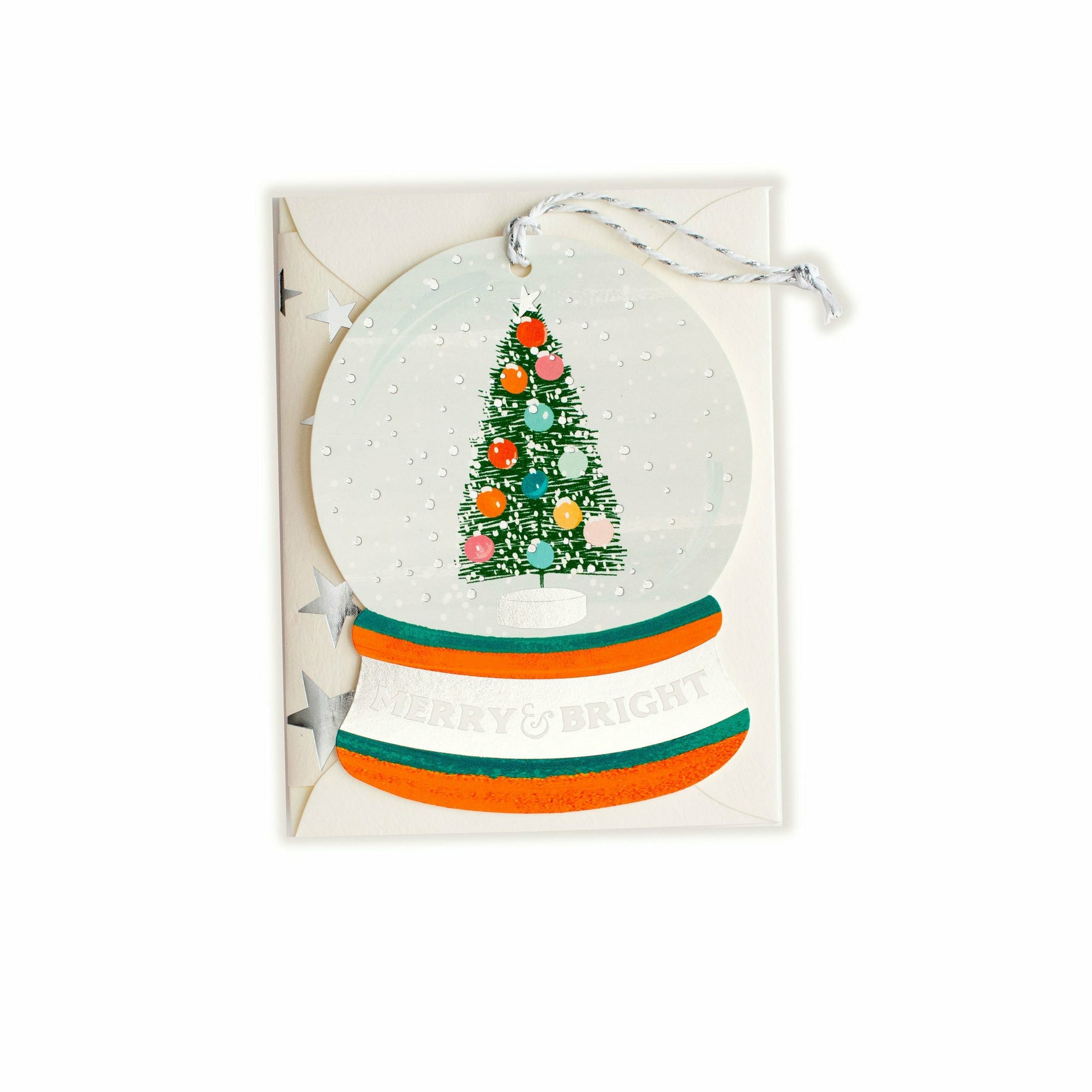 Bright Christmas tree snow globe holiday card ornament, complete with an envelope. - The First Snow