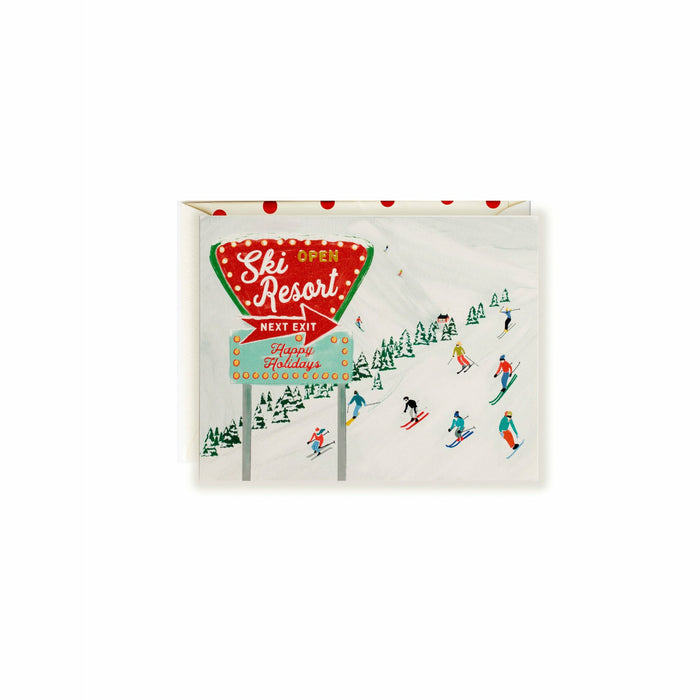 Happy Holidays Card with Ski Resort Theme and Matching Envelope - The First Snow
