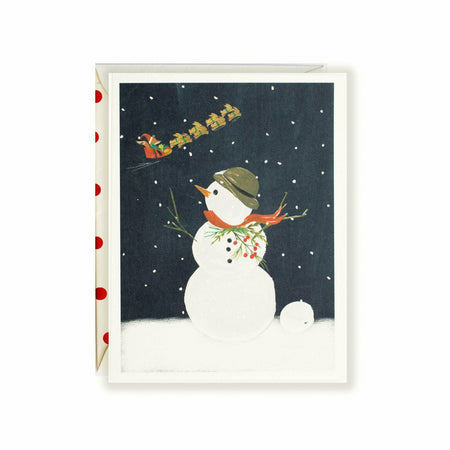 Snowman, Santa, and his Reindeer Christmas Greeting Card with Matching Envelope - The First Snow