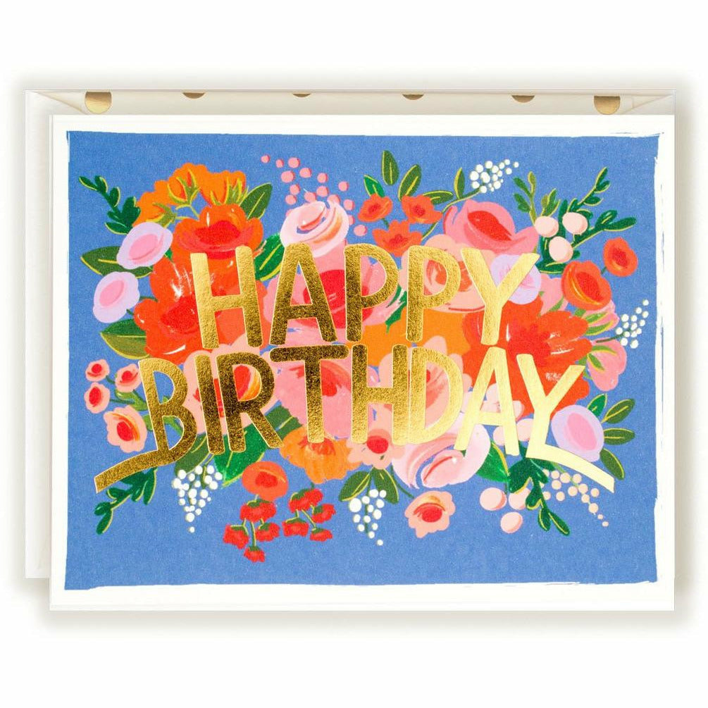 Blue Floral Happy Birthday Gold Card - The First Snow