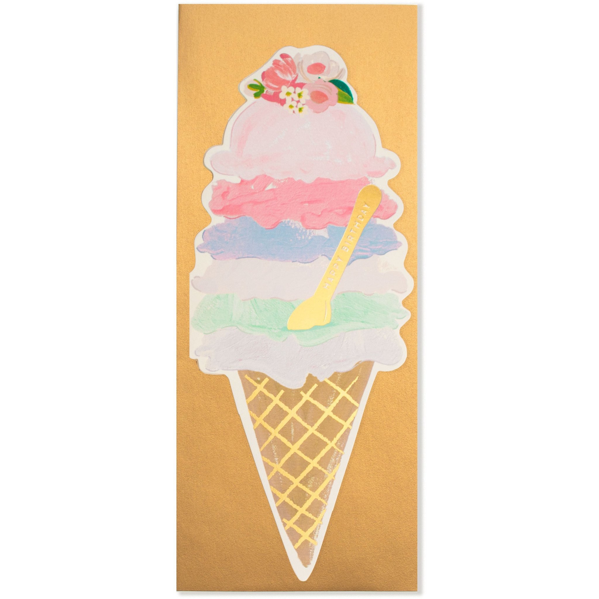 Painted Ice Cream Cone-Shaped Birthday Card with Golden Envelope - The First Snow