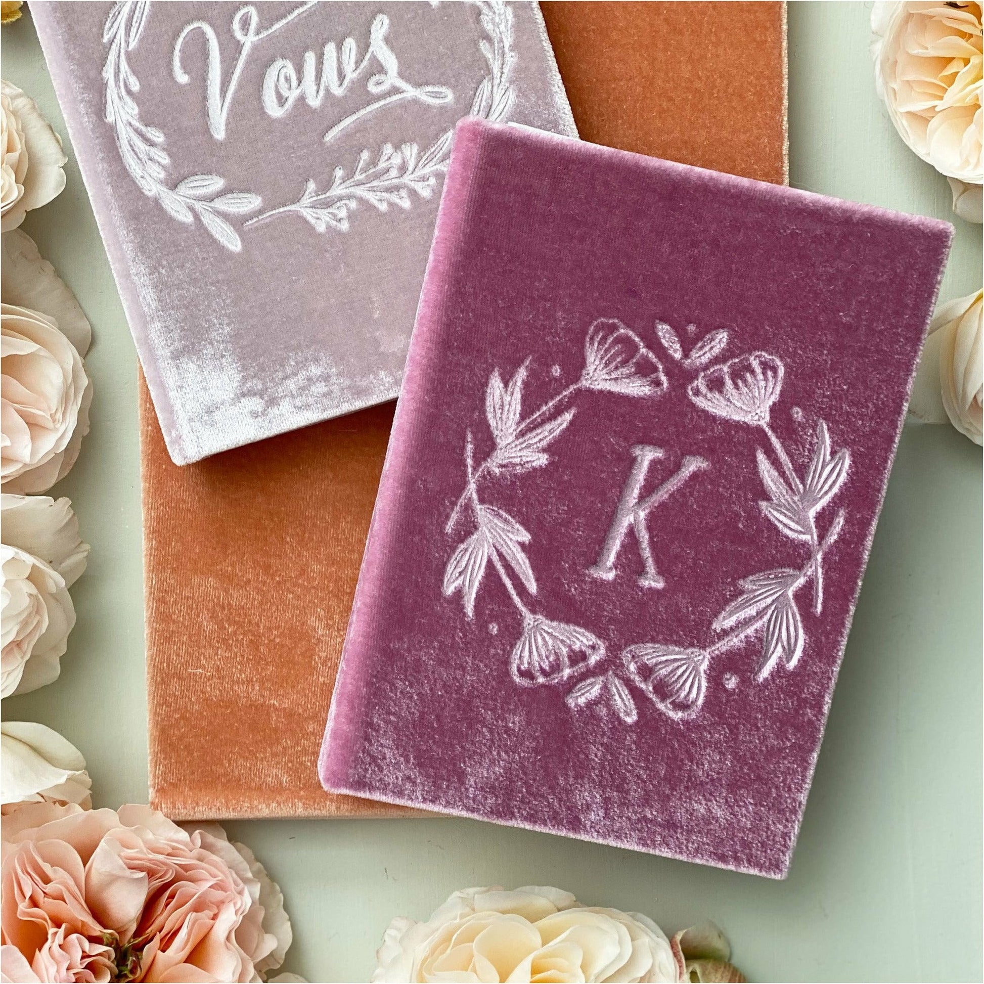 Rosa Petite Silk Velvet Monogram Book with ribbon bookmark - The First Snow