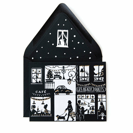 Black & White Papercut Toy Store Holiday Greeting Card w/ Envelope - The First Snow