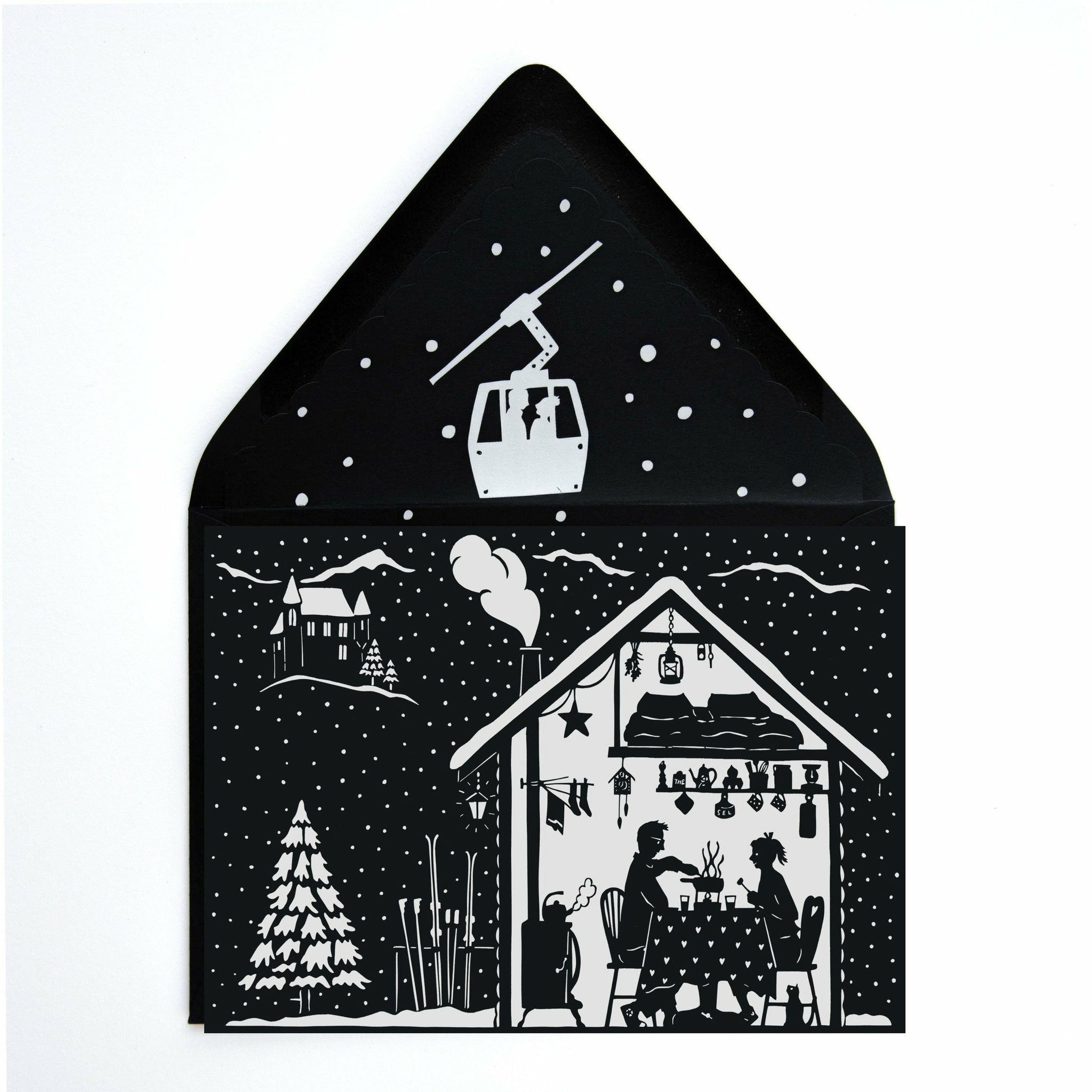 Ski Haus Black & White Papercut Holiday Greeting Card w/ Envelope - The First Snow