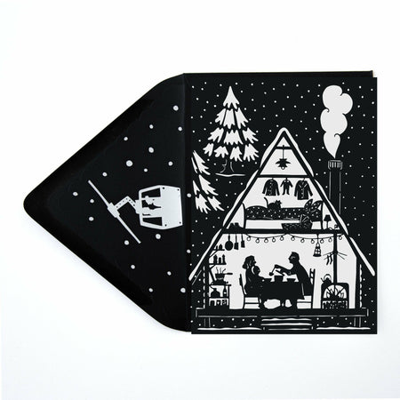 Black & White Papercut Mountain Ski Cabin Christmas Card w/ Envelope - The First Snow