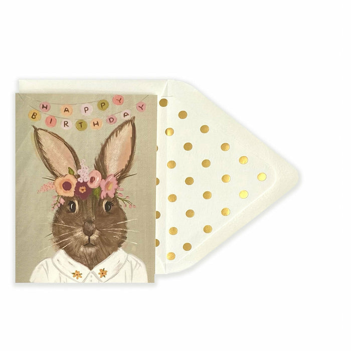 Happy Birthday Rabbit/Hare Floral Wreath Card - The First Snow