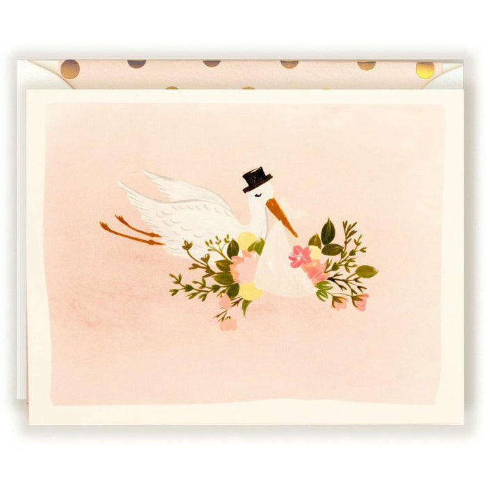 Baby Stork Illustration Card in blush - The First Snow