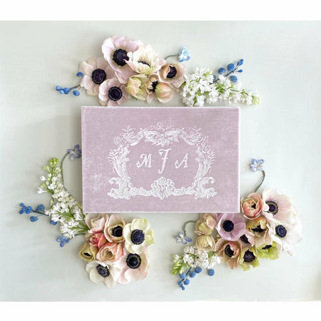 Custom Initial Baroque Frame Silk Velvet Guestbook by The First Snow - The First Snow
