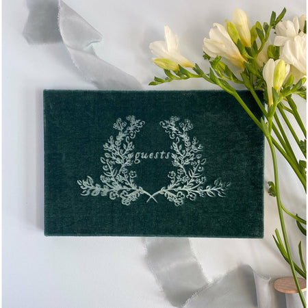 Laurel Wreath Crest Silk Velvet Guestbook - The First Snow