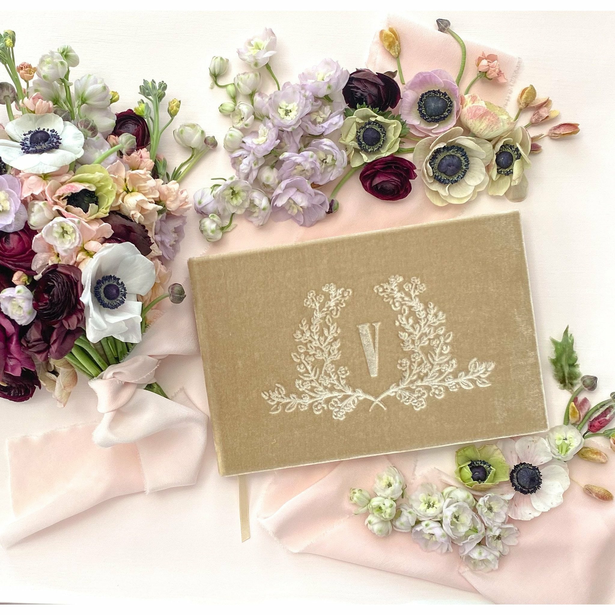 Monogram Wedding Wreath Silk Velvet Guest Book - The First Snow