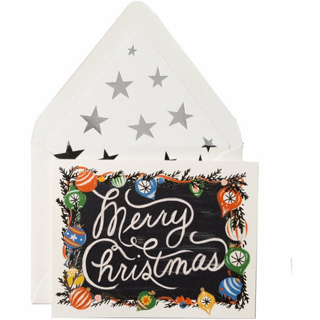 "Merry Christmas" Card with Christmas Ornaments and Silver Star Envelope - The First Snow