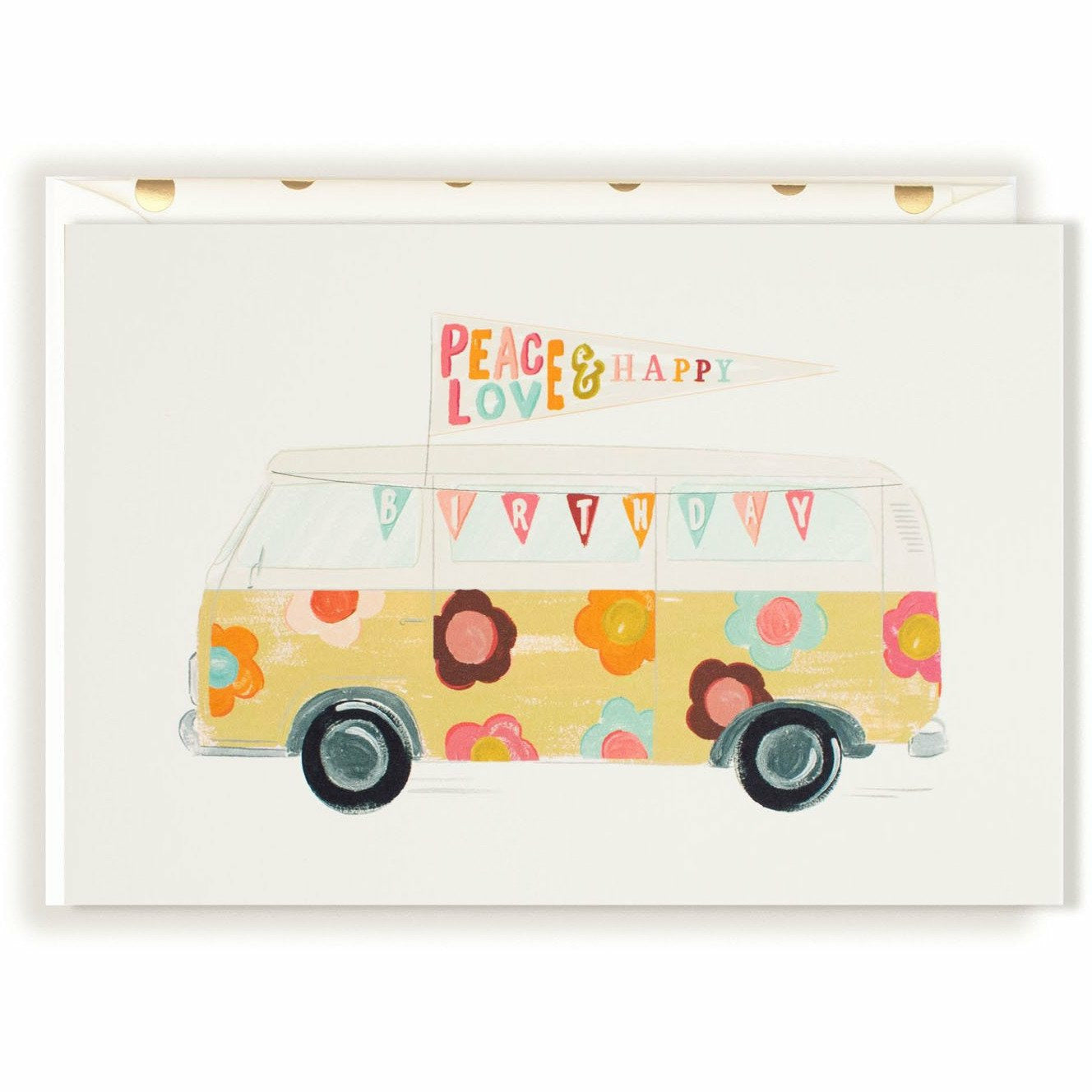 Free-Spirited Peace, Love, & Happy Birthday Retro Van Birthday Card - The First Snow